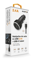 Nabíječka do auta ALIGATOR s USB-C kabelem a 2xUSB výstupem 2.4A, černá