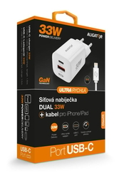 Rychlá nabíječka ALIGATOR GaN, PD 33W, USB-C/Lightning kabel, bílá