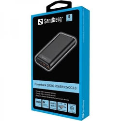 Sandberg Powerbank 20000mAh, USB-C PD 65W + 2x QC3.0, černá