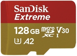 SanDisk Extreme Action Cams and Drones microSDXC 128GB 190MB/s A2 Class 10 V30 UHS-I U3, adapter