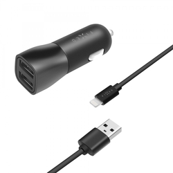 Set autonabíječky FIXED s 2xUSB výstupem a USB/Lightning kabelu, 1 metr, MFI certifikace, 15W Smart Rapid Charge, černá