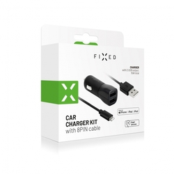 Set autonabíječky FIXED s 2xUSB výstupem a USB/Lightning kabelu, 1 metr, MFI certifikace, 15W Smart Rapid Charge, černá