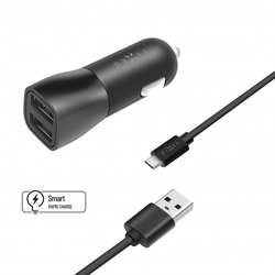 Set autonabíječky FIXED s 2xUSB výstupem a USB/micro USB kabelu, 1 metr, 15W Smart Rapid Charge, černá