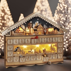 Solight LED adventní kalendář - horská chata, 10x LED, 50x40cm, 2x AA