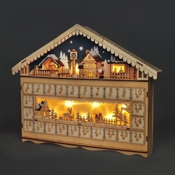 Solight LED adventní kalendář - horská chata, 10x LED, 50x40cm, 2x AA