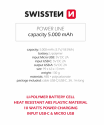 SWISSTEN Power Line powerbank 5000 mAh 10W černá