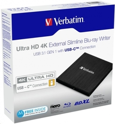 VERBATIM externí mechanika Ultra HD 4K Blu-ray External Slimline Writer (USB 3.1, USB-C)